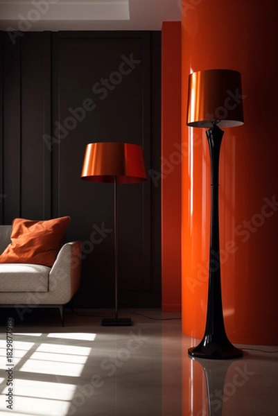 Fototapeta Modern interior design featuring two striking orange lampshades contrasting with dark walls and a textured sofa, creating a bold visual statement