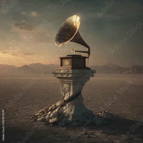 Fototapeta An antique gramophone sits atop a crumbling stone pedestal in a desolate, cracked desert landscape under a dramatic sky