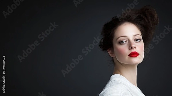Obraz Beautiful woman is posing in studio with red lipstick and white dress against a dark background.
