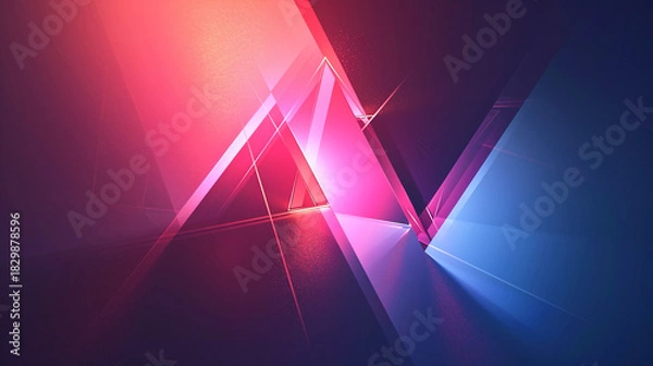 Fototapeta Abstract digital art featuring glowing pink and blue neon geometric shapes creating a dynamic, futuristic triangular composition with strong light effects