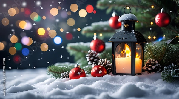 Fototapeta Christmas Lantern on Snow with Pine Branches, Red Ornaments, Pinecones and Bokeh Lights