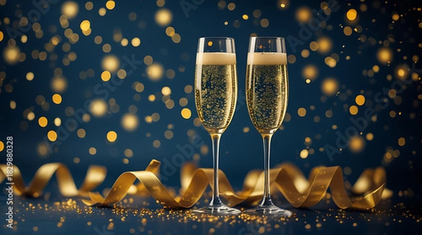Fototapeta New Year Champagne Toast with Sparkling Bubbles and Golden Ribbons Against Dark Blue Bokeh Background