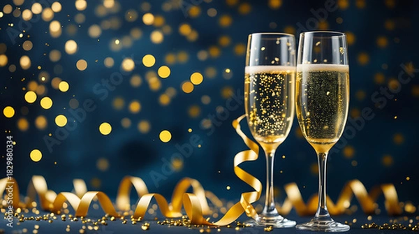 Fototapeta New Year Champagne Toast with Sparkling Bubbles and Golden Ribbons Against Dark Blue Bokeh Background