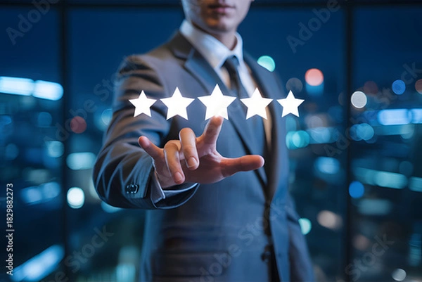 Fototapeta Professional businessman giving five-star rating with a tap, showcasing excellent service quality and customer satisfaction in a modern corporate setting, symbolizing premium performance