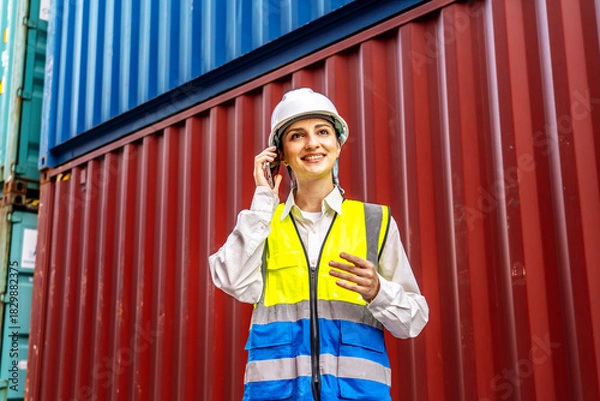 Fototapeta At a bustling container terminal, a young Caucasian businesswoman in safety gear speaks on her phone, organizing shipments and ensuring smooth logistics operations in the vibrant harbor.