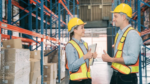 Obraz Confidence caucasian man, woman staff worker wear safety helmets, vest show teamwork collaborate, cooperation in logistics inventory operation. show success, efficiency in modern warehouse management.
