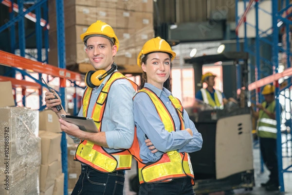 Obraz Confidence caucasian man, woman staff worker wear safety helmets, vest show teamwork collaborate, cooperation in logistics inventory operation. show success, efficiency in modern warehouse management.