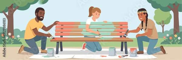 Fototapeta Three volunteers repaint a wooden park bench together on a sunny day in a peaceful community park, working cooperatively with brushes and paint cans