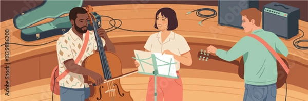 Fototapeta A small band rehearses on a wooden stage as three musicians practice together, tuning instruments and reviewing sheet music in a warm, creative studio atmosphere