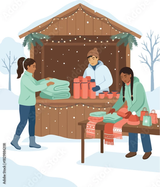 Fototapeta Volunteers organize warm clothes and hot drinks at a snowy outdoor winter charity booth, helping the community during cold weather