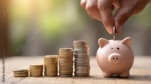 Fototapeta Hand deposits coin into piggy bank next to money stacks