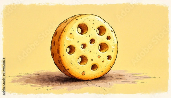 Fototapeta Round cheese wheel with big holes in a sketch style on a light background