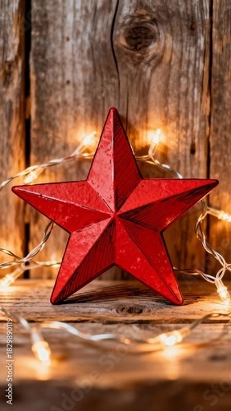Fototapeta Red paper star with fairy lights on a rustic wooden background