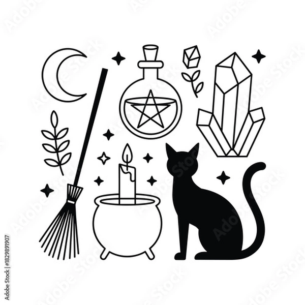 Obraz Witchcraft Magic Elements with Black Cat, Crystals and Potion Line Art Illustration