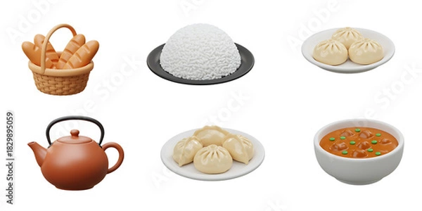 Fototapeta A collection of delicious food items including bread rice dumplings and a teapot against a black background