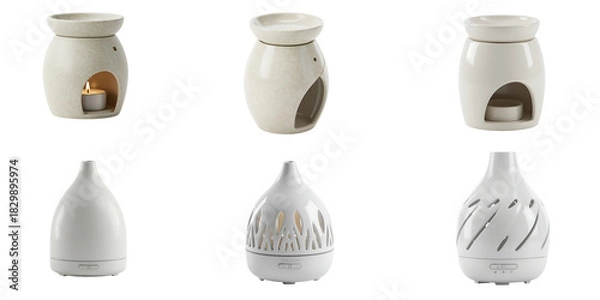 Fototapeta Collection of six elegant ceramic vases and jars in various shapes and textures displayed against a black background