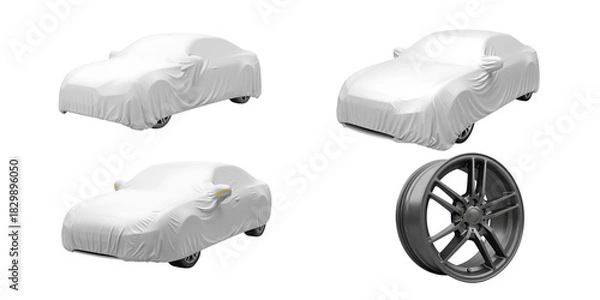Fototapeta Three white covered cars and a single modern alloy wheel displayed against a stark black background