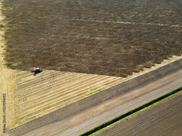 Fototapeta A tractor ploughing a field in autumn