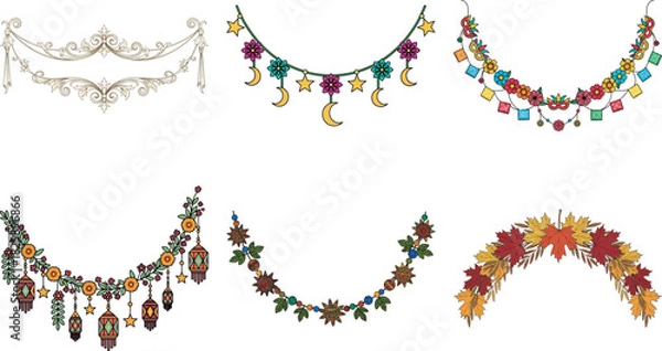 Fototapeta Collection of six different botanical garlands isolated on transparent background, perfect for adding a touch of nature