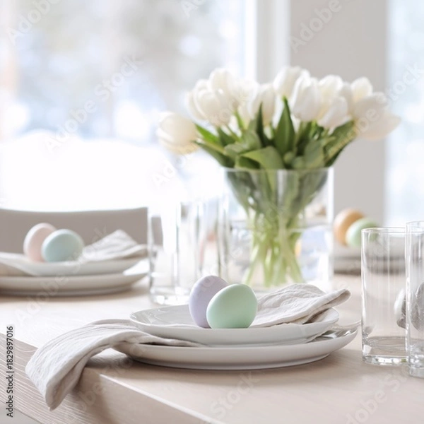 Obraz A table set with a white plate and two blue Easter eggs.