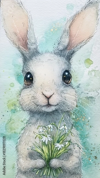 Obraz A rabbit with a plant in its paws