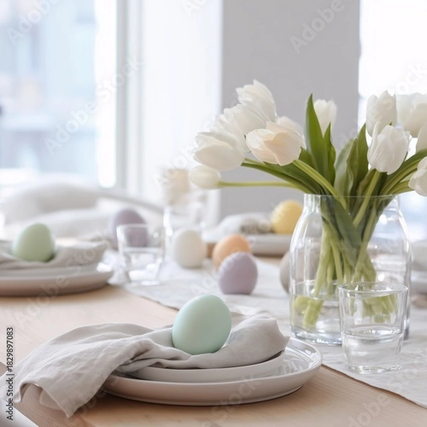 Obraz Easter table setting with decorations and beverages