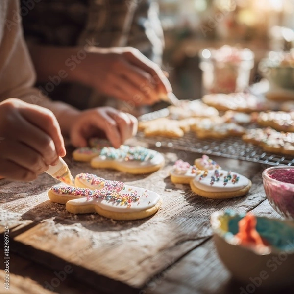 Obraz People making cookies and frosting them on a table.