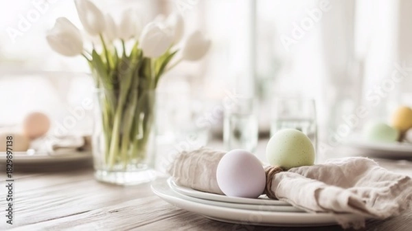 Obraz White flowers and Easter eggs on a table setting