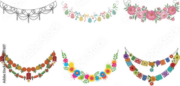 Fototapeta Collection of six decorative floral garlands, each with unique design, isolated on transparent background