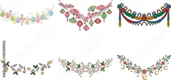 Fototapeta Set of six colorful garlands isolated on transparent background, perfect for festive decorations and celebrations