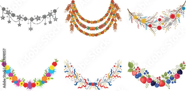 Fototapeta Set of six floral garlands, decorative elements for festive design, isolated on transparent background