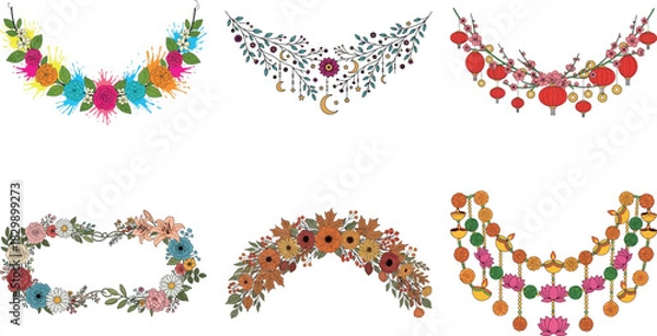 Fototapeta Collection of six decorative floral garlands isolated on transparent background, perfect for adding a touch of elegance