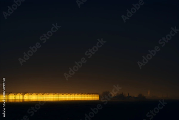 Obraz Row of glowing greenhouses in dark rural night landscape, symbolic greenhouse effect and intensive agriculture energy consumption
