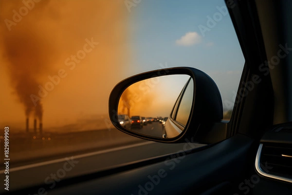 Obraz Highway traffic and factory smoke seen in rearview mirror of car, contrasting polluted past with clear blue sky ahead
