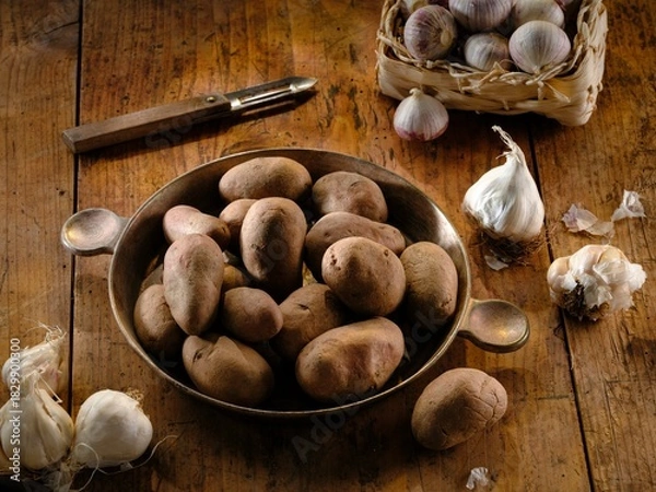 Obraz Freshly harvested potatoes and whole garlic cloves are arranged on a wooden table, ready to be transformed into a comforting Romanian dish for the winter season