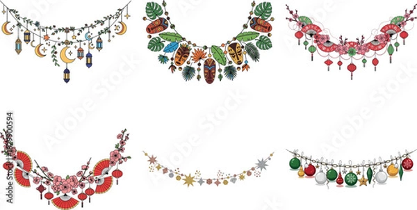 Fototapeta Collection of decorative garlands isolated on transparent background, featuring floral, feather, and leaf designs