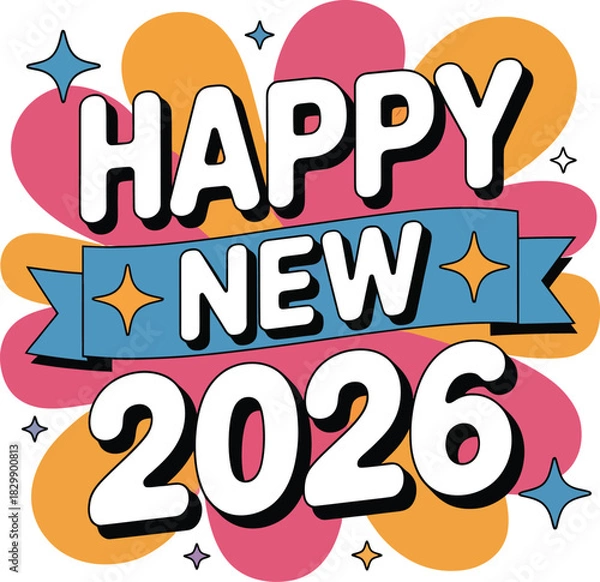 Fototapeta Happy New Year 2026 vector design with bold white text, colorful ribbon, abstract background, and festive star accents.