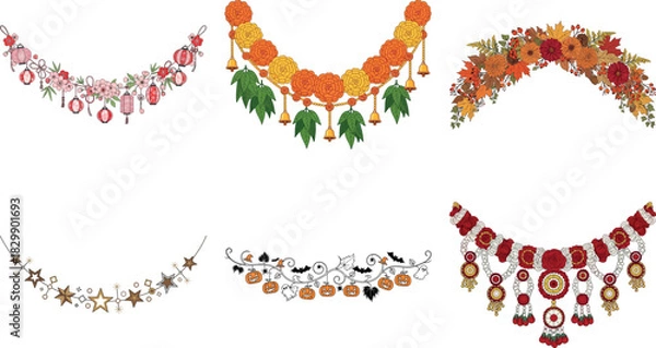 Fototapeta Collection of decorative garlands with flowers, butterflies, moons and stars isolated on transparent background