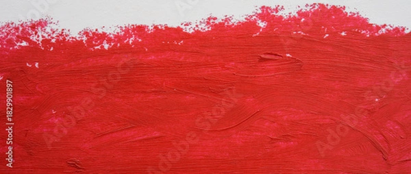 Obraz Close-up of a broad horizontal brushstroke of bright red paint on white paper.