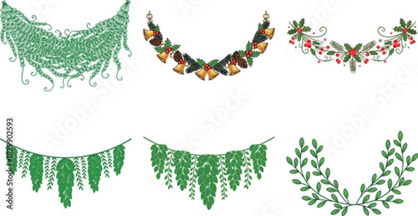 Fototapeta Set of six different christmas garlands isolated on transparent background, perfect for adding festive cheer to your designs