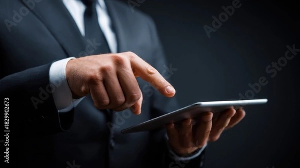 Fototapeta Man in suit using tablet device technology