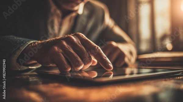 Fototapeta Person using digital tablet with warm lighting