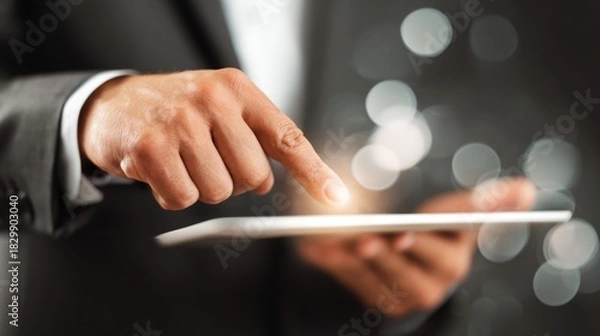 Fototapeta Person using tablet technology for digital connection