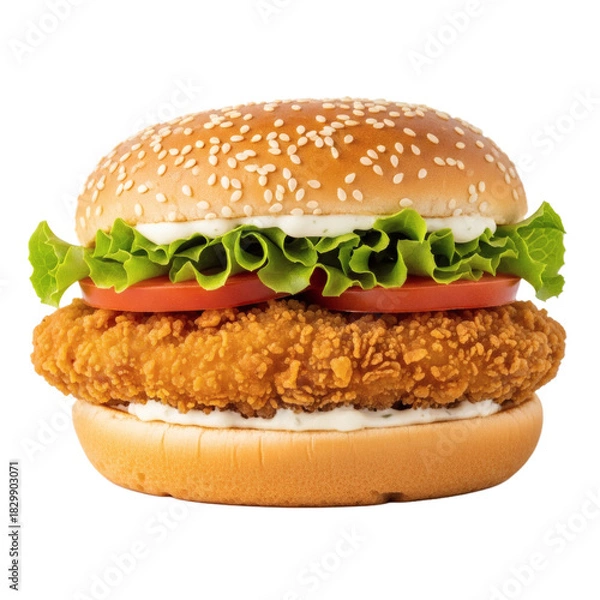 Obraz Crispy chicken burger with lettuce and tomato isolated on transparent background