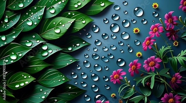 Fototapeta Vibrant green leaves and pink flowers adorned with sparkling water droplets on a deep blue background