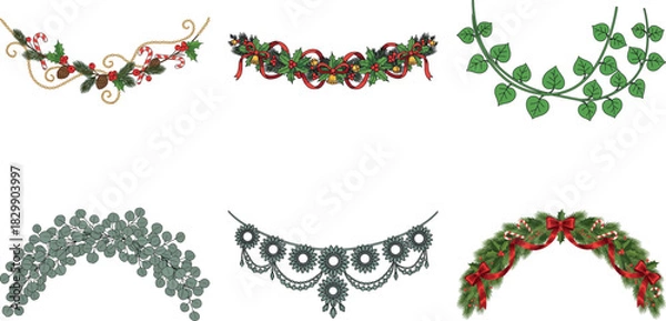 Fototapeta Collection of green wreaths and garlands isolated on transparent background, perfect for adding a touch of nature to designs