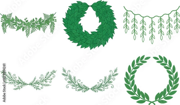 Fototapeta Set of six decorative green garlands isolated on transparent background, perfect for adding a touch of nature to designs