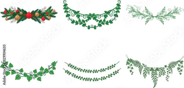 Fototapeta Set of six festive garlands isolated on transparent background, perfect for adding a touch of holiday cheer to any design