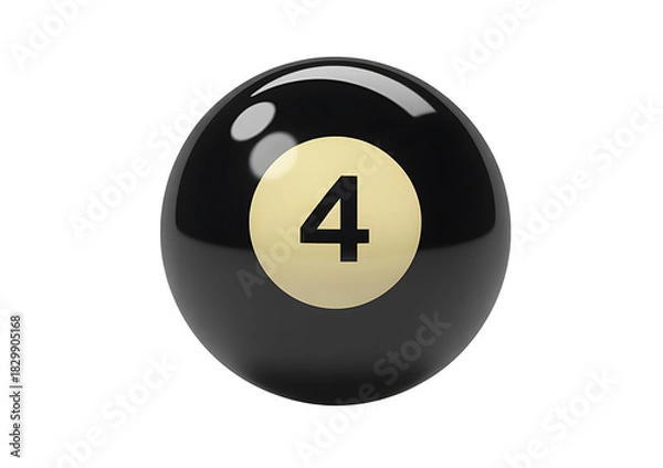 Fototapeta Shiny black number four billiard ball with golden yellow circle and bold black number on transparent background realistic 3d render illustration