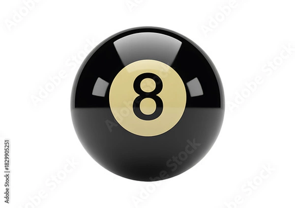 Fototapeta Shiny black pool ball with number eight in light gold circle on transparent background realistic 3d render isolated object